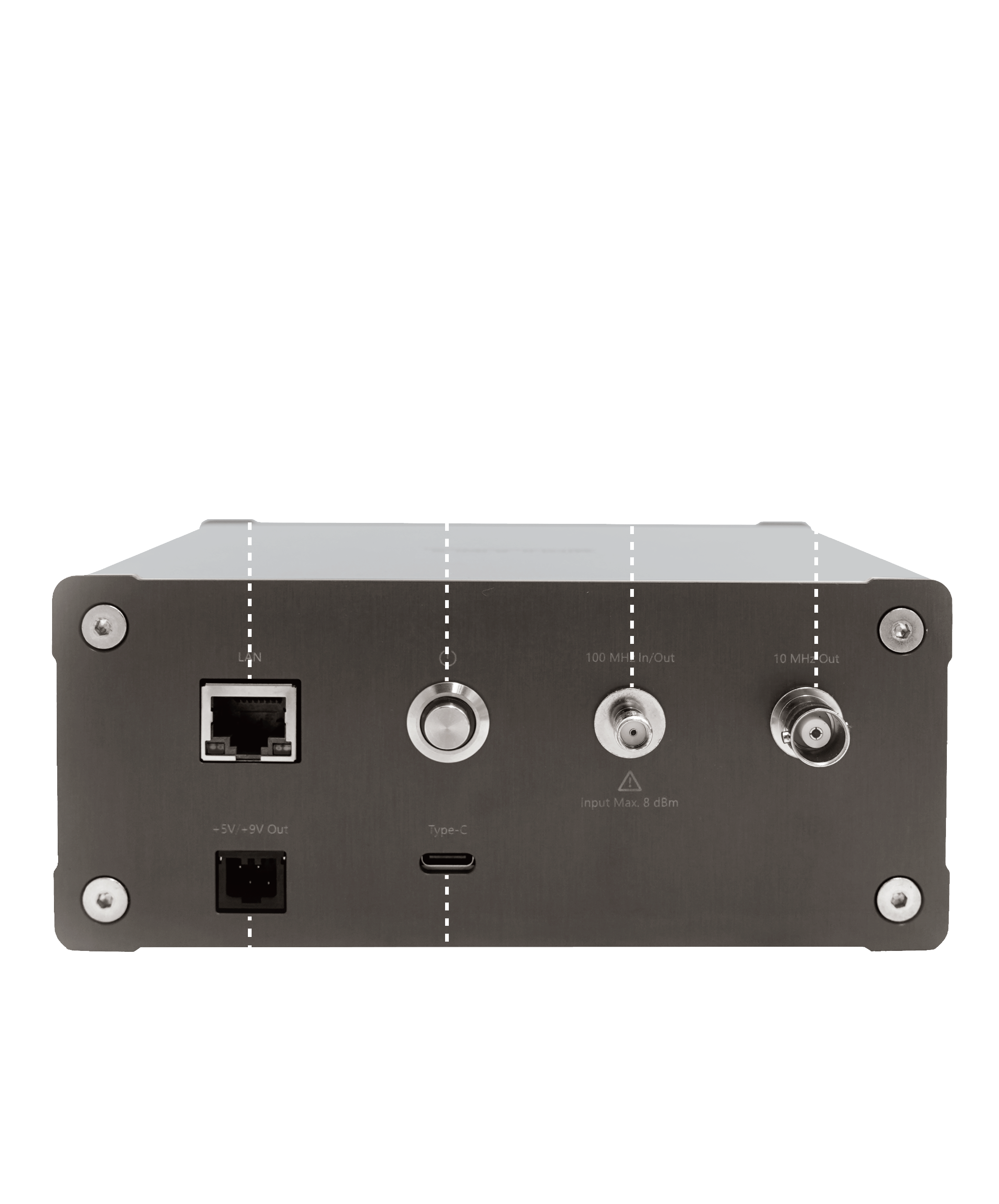 Back of UD Box with a LAN port, a power button, a DC IN port, a 100 MHz in/out port, a 10 MHz outport, and a +5V/+9V out port.