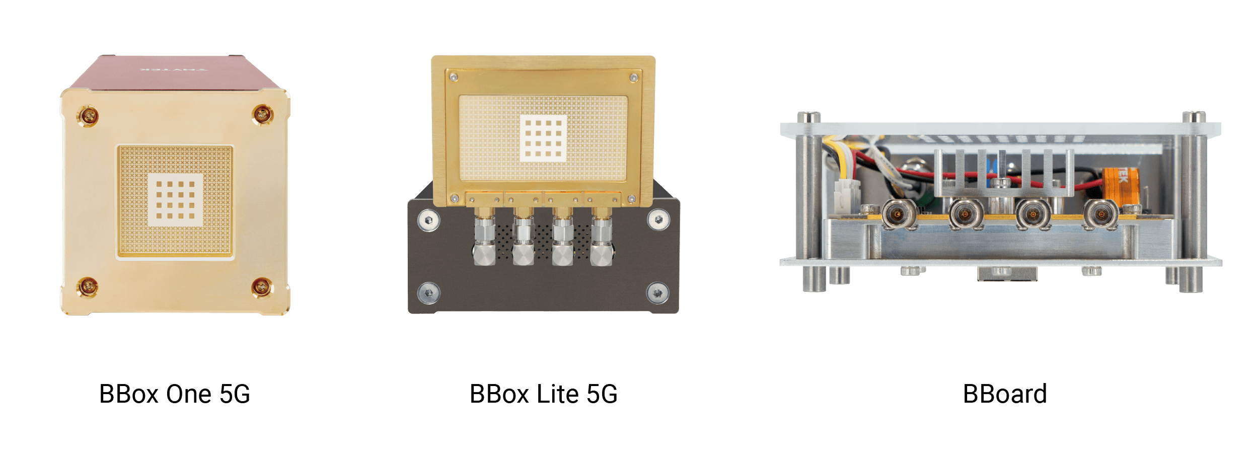 There are 3 types of beamforming devices available - BBox One 5G (4x4 RF channels), BBox Lite 5G (1x4 RF channels) and BBoard (5G/B5G beamforming educational kit).