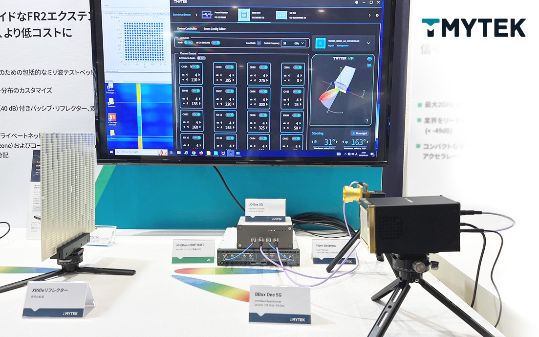 Caption: At the Wireless Japan exhibition, TMYTEK demonstrats the wireless transmission of FR2 millimeter-wave base stations and mobile devices with different incident and reflection angles.