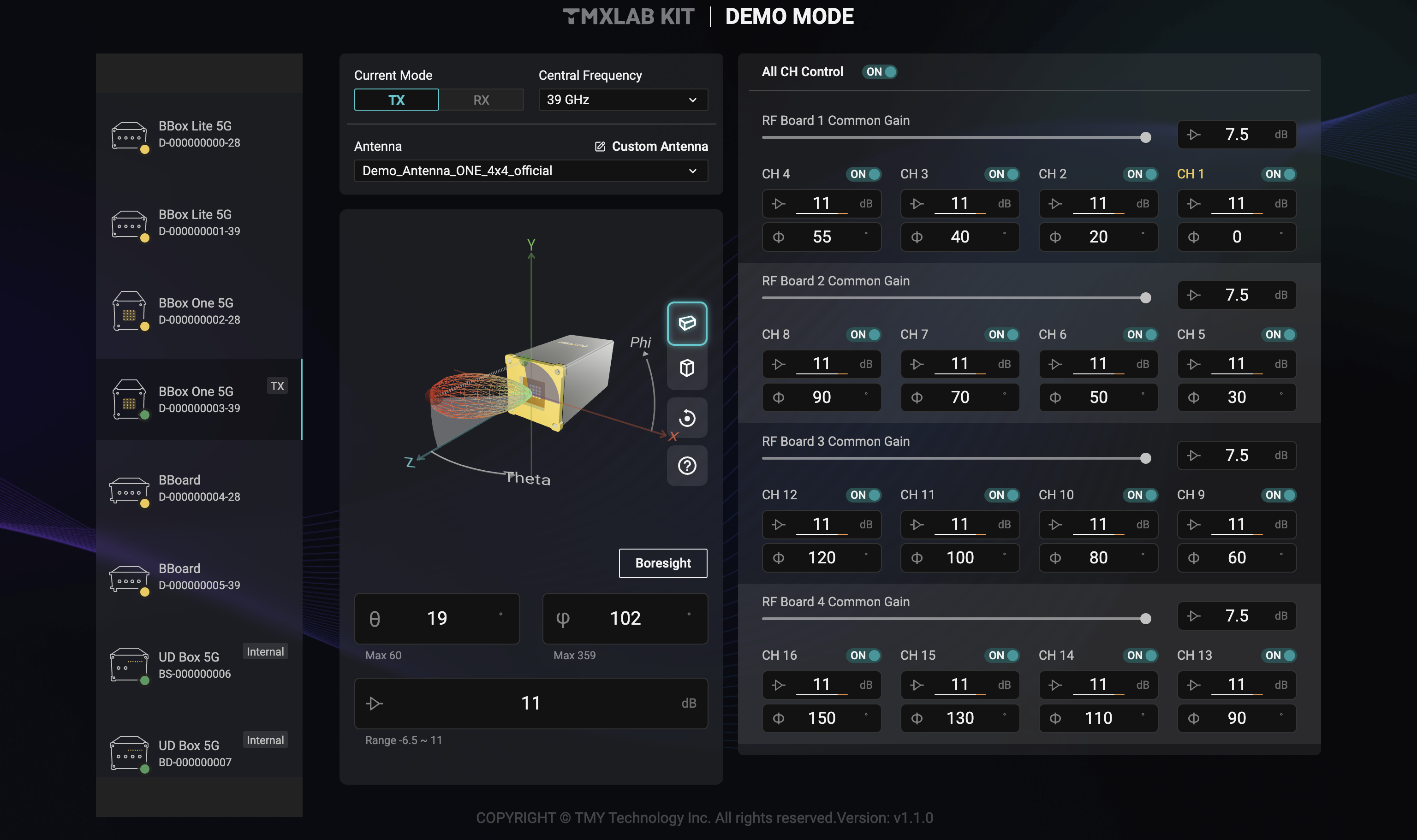 Figure 1: The WEB-TLK interface of BBox 5G. Drag and drop or manual input can be used to change the beam direction of the BBox.